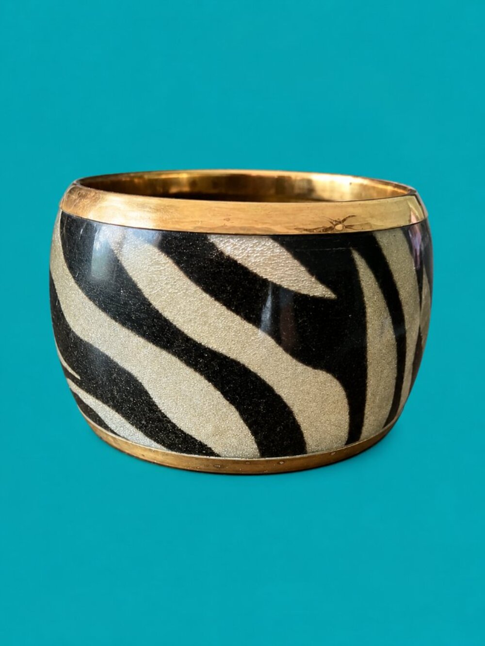Vintage Zebra Print Wide Gold Tone Bangle Statement Bracelet Safari Glam